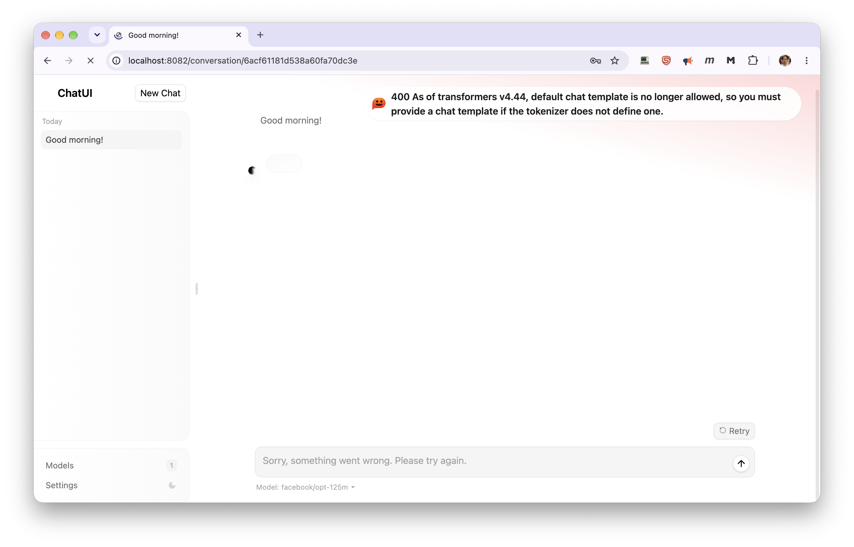 Chat UI rejecting a message because the default model has no chat template