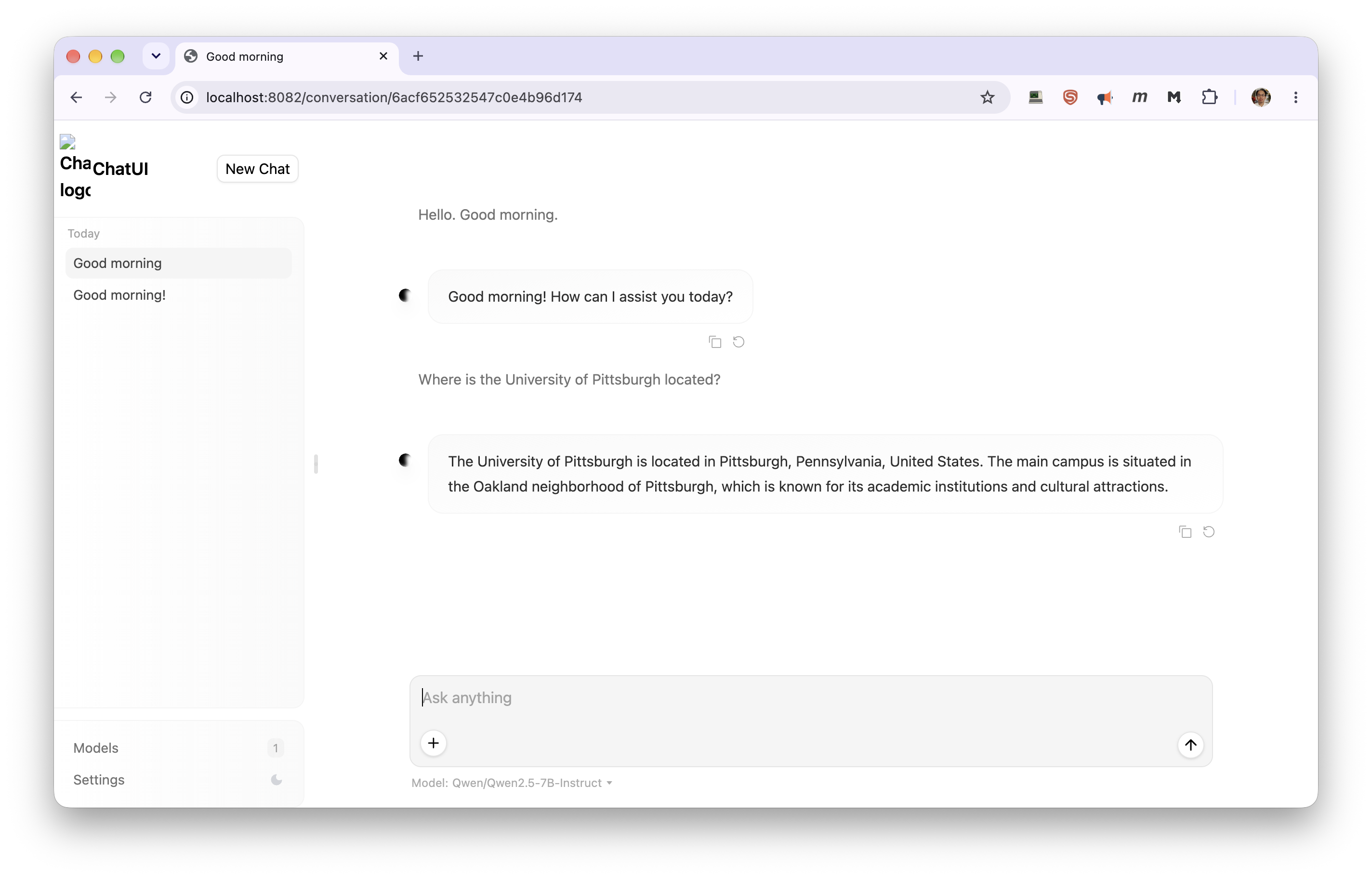 A conversation in Chat UI with the vLLM backend