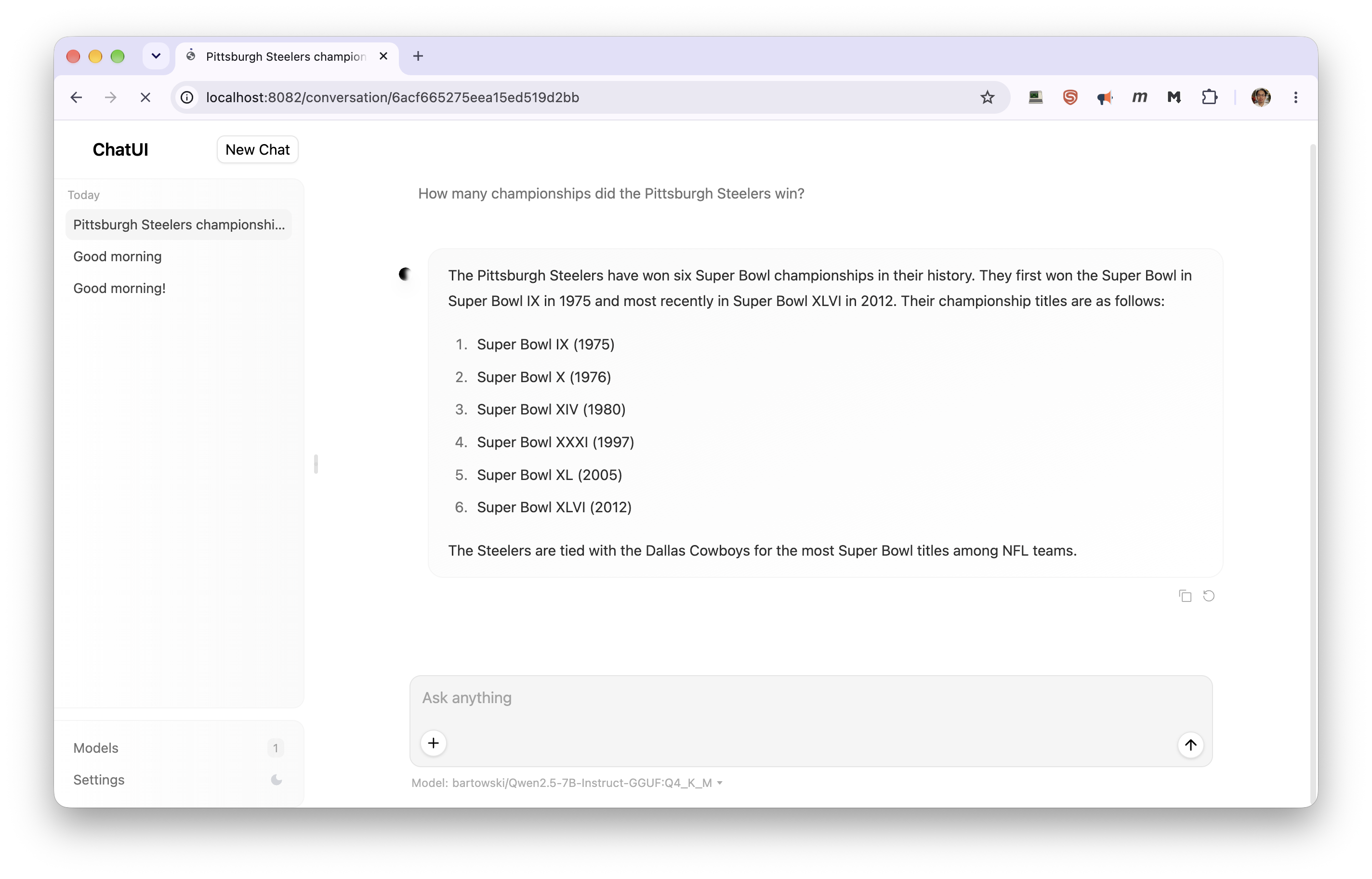 Chat UI with the llama.cpp backend, keeping earlier conversations