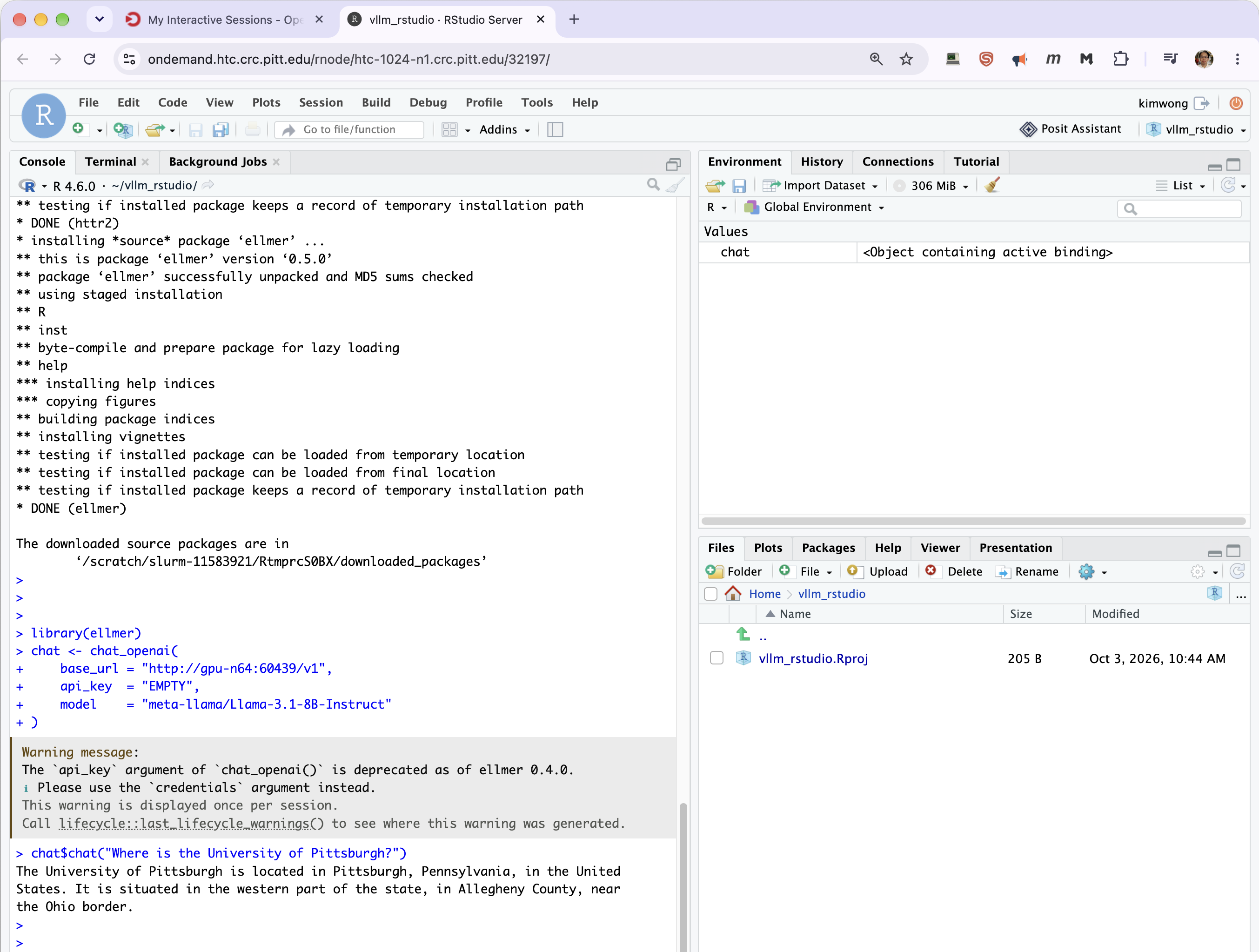 An R session querying the vLLM server on the GPU cluster