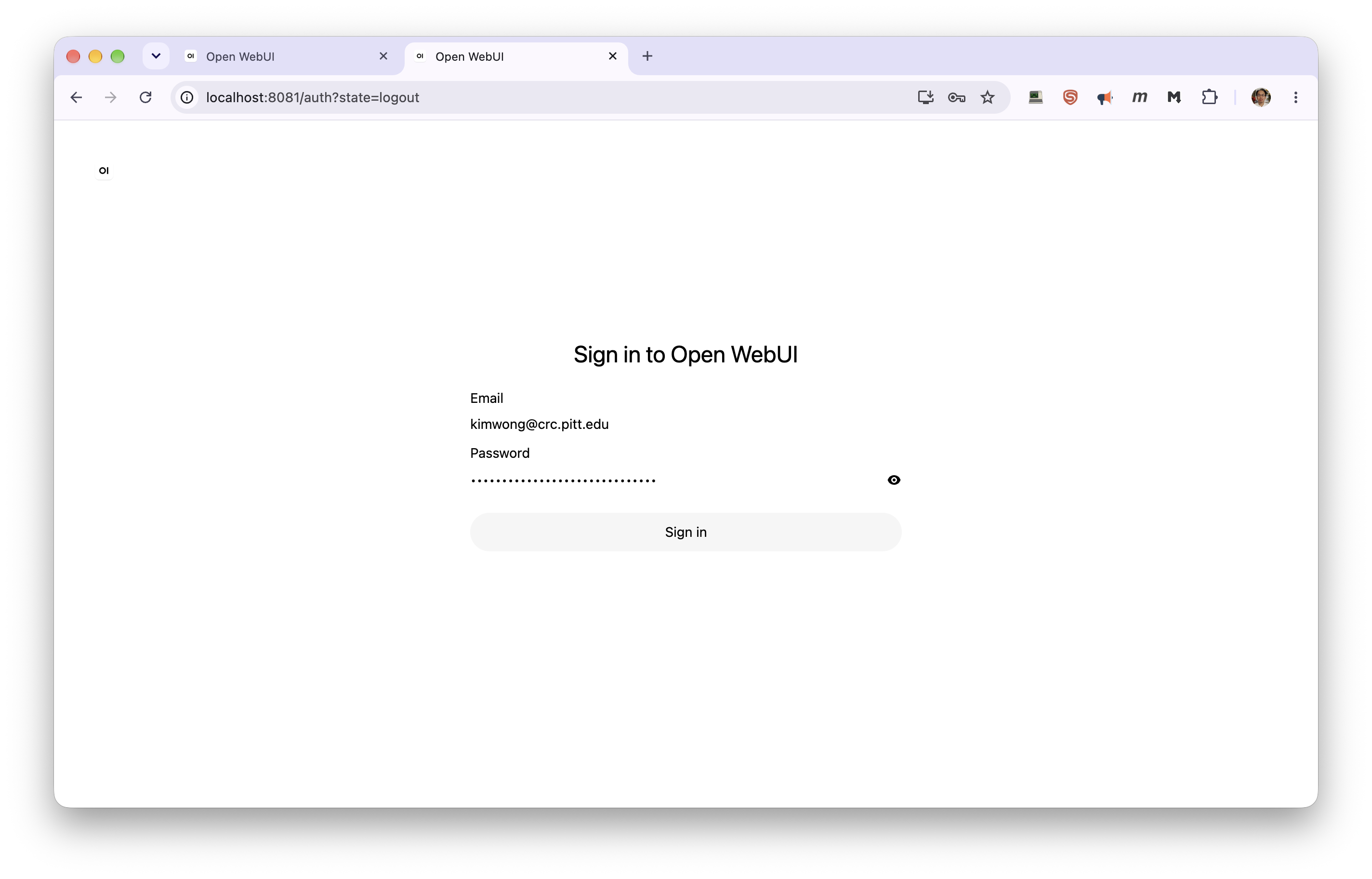 The sign-in page after a server restart