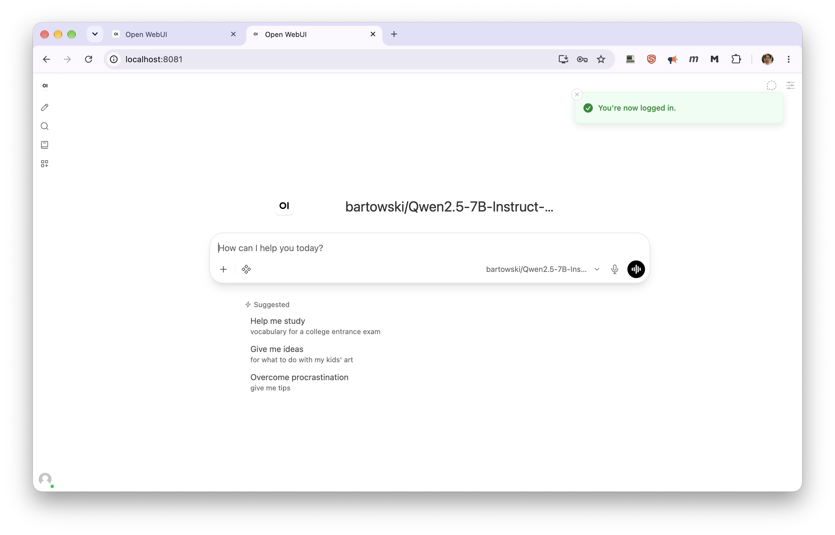 Open WebUI with the llama.cpp backend serving a GGUF model