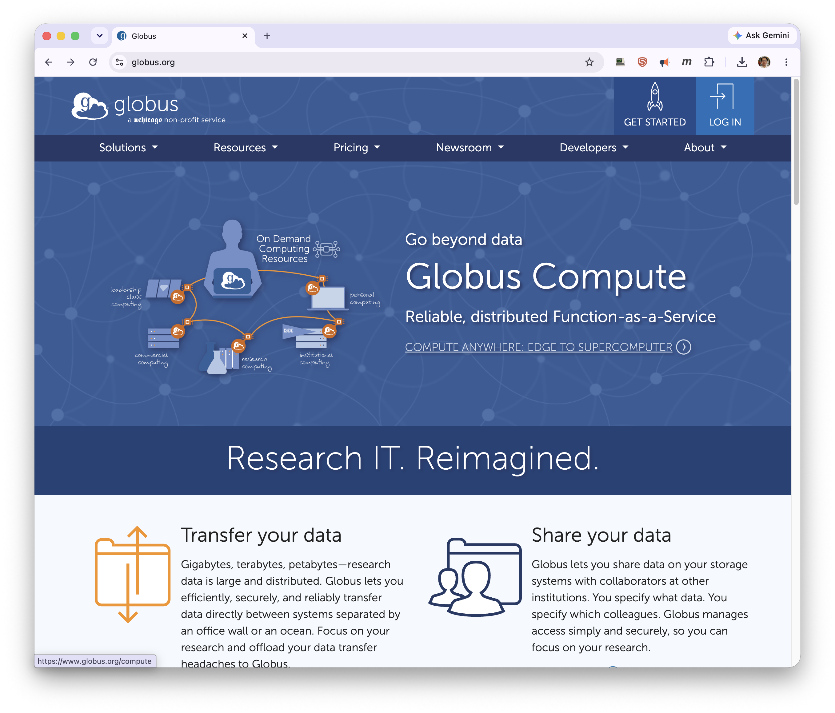 The globus.org homepage with the Log In button