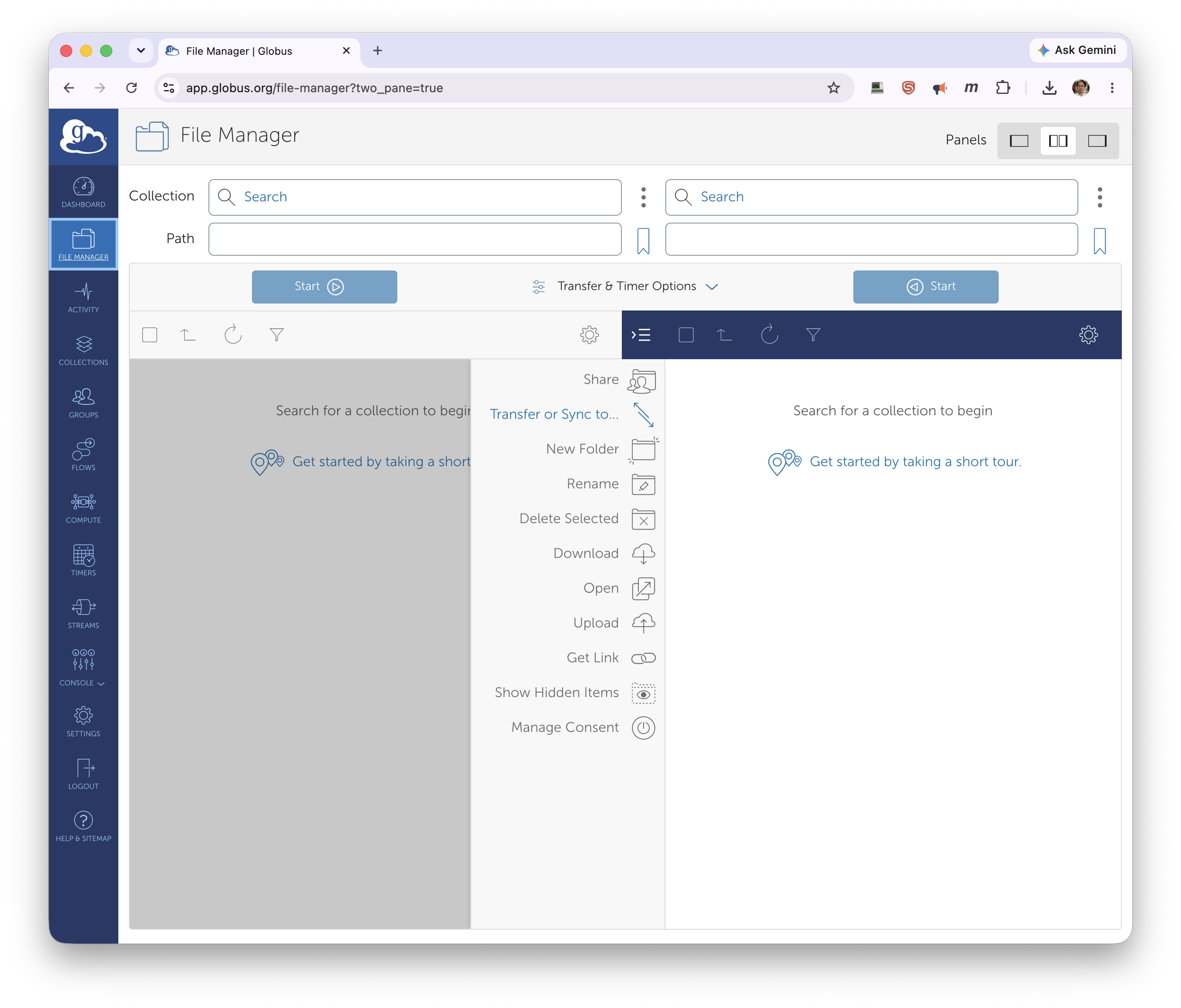 The Globus File Manager two-pane view before choosing a collection