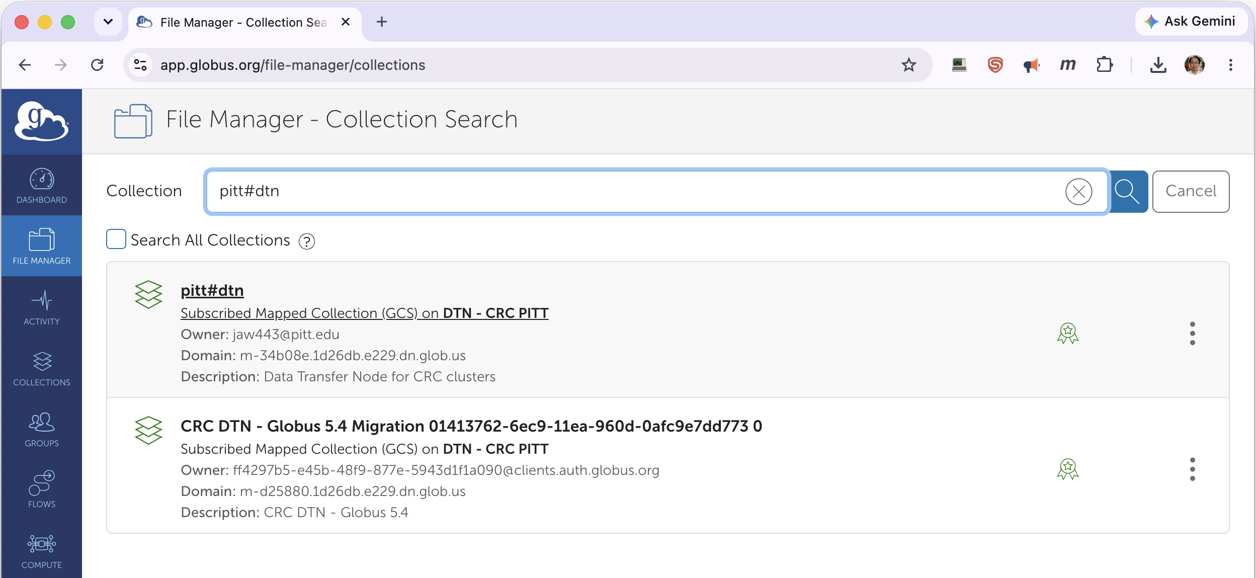 Collection search results showing the pitt#dtn collection