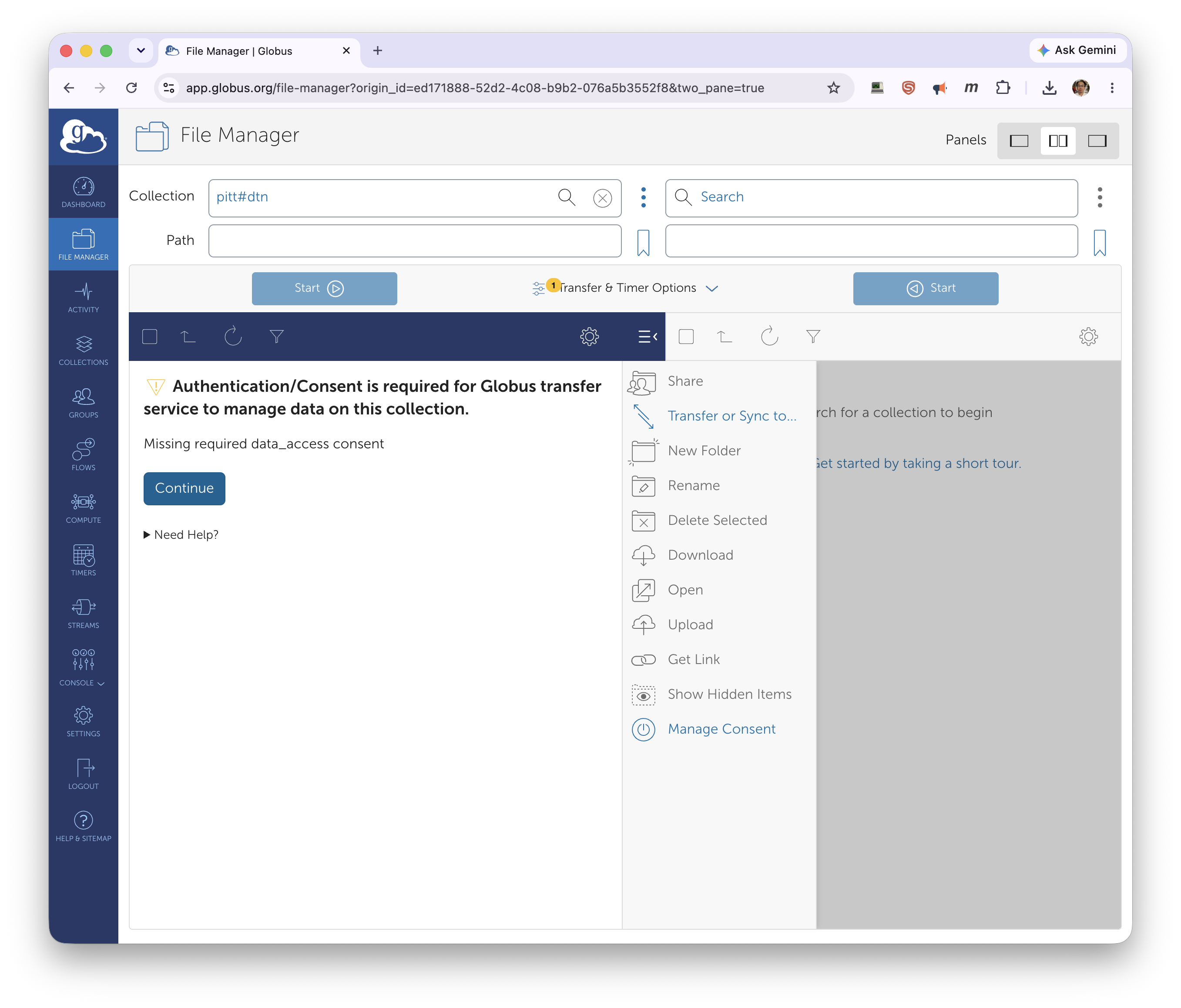 File Manager showing that data_access consent is required, with a Continue button