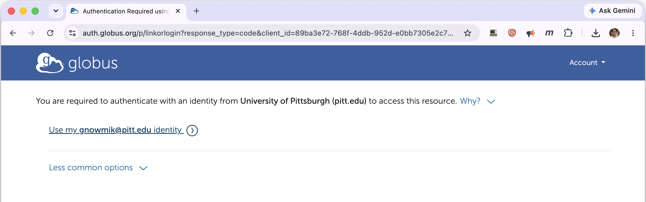 Globus prompt to authenticate with the University of Pittsburgh identity
