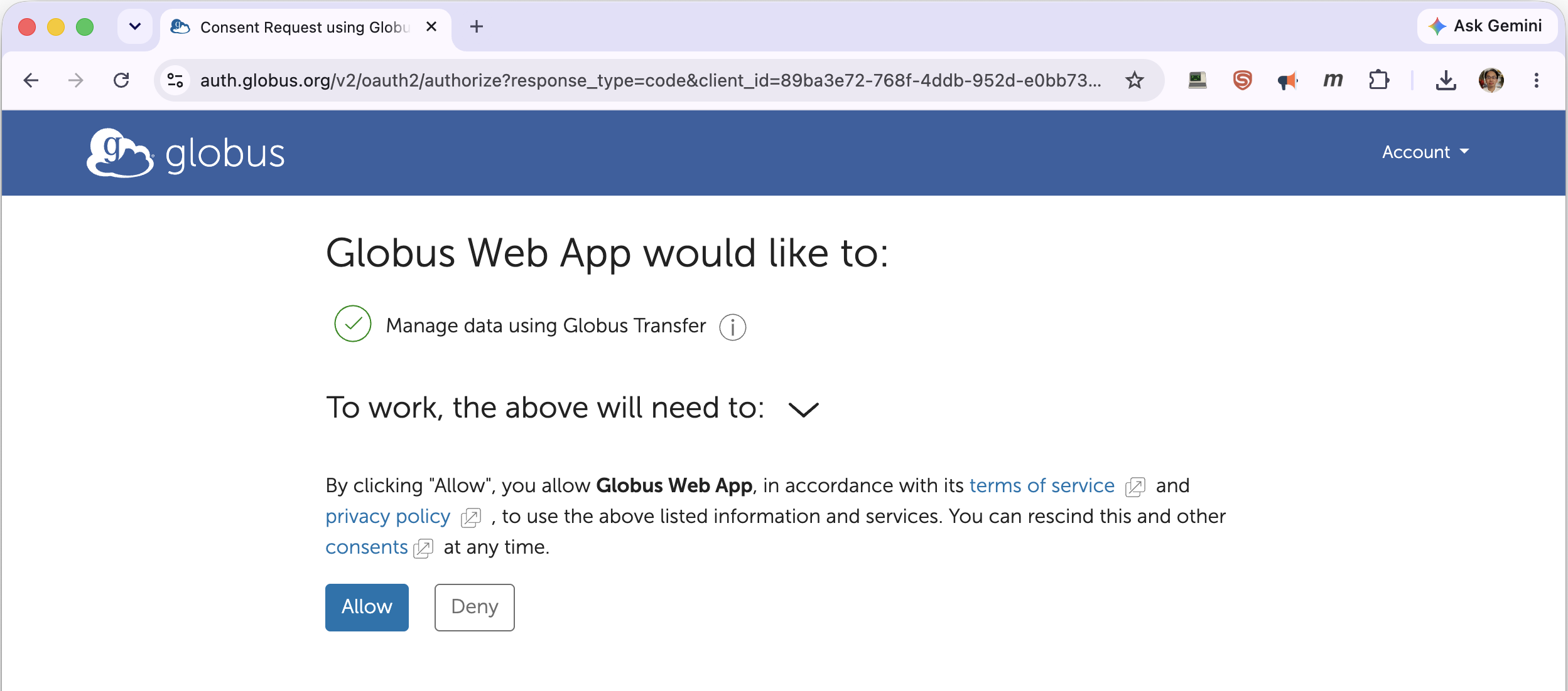 Globus consent to manage data using Globus Transfer