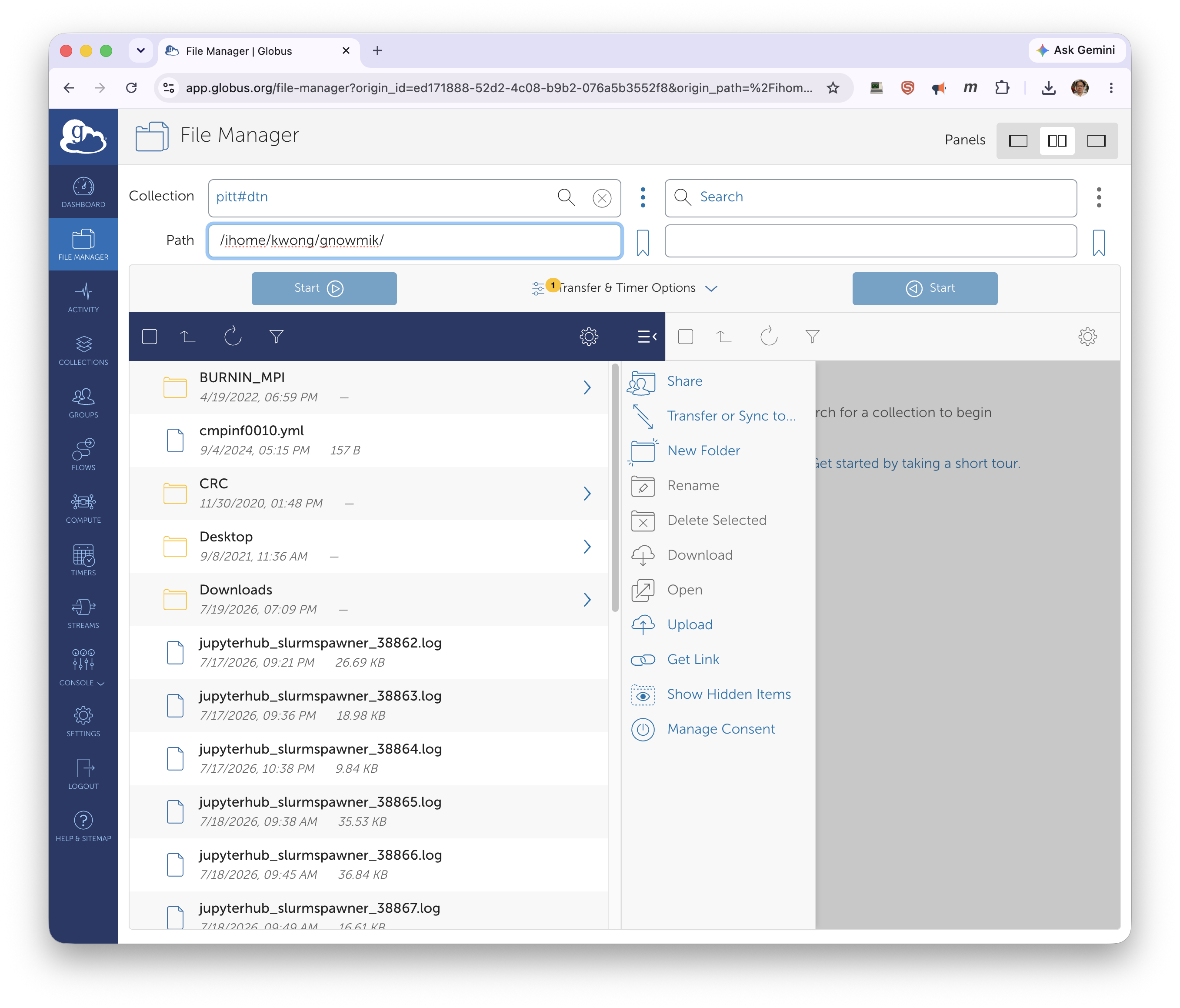File Manager listing CRCD files on pitt#dtn with the actions menu open