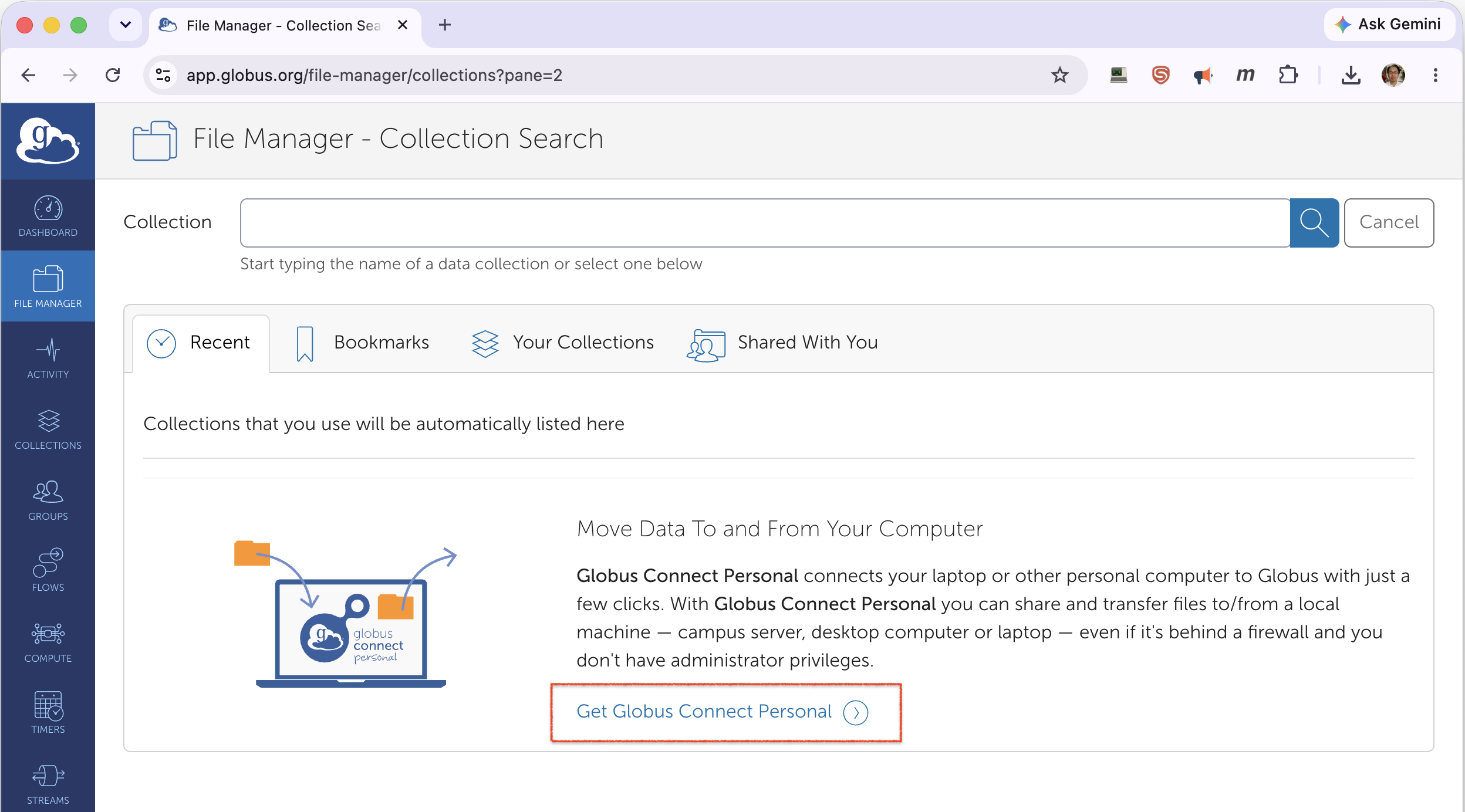 File Manager collection search with the Get Globus Connect Personal option