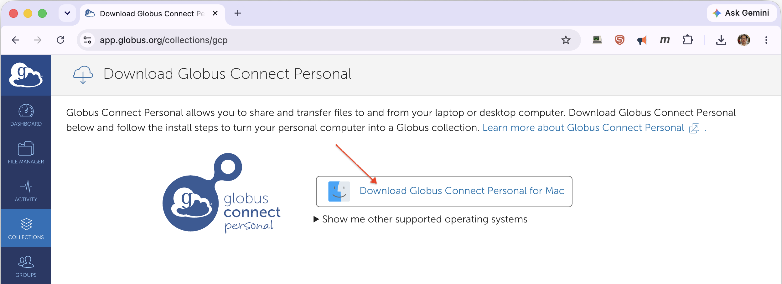 The Download Globus Connect Personal page