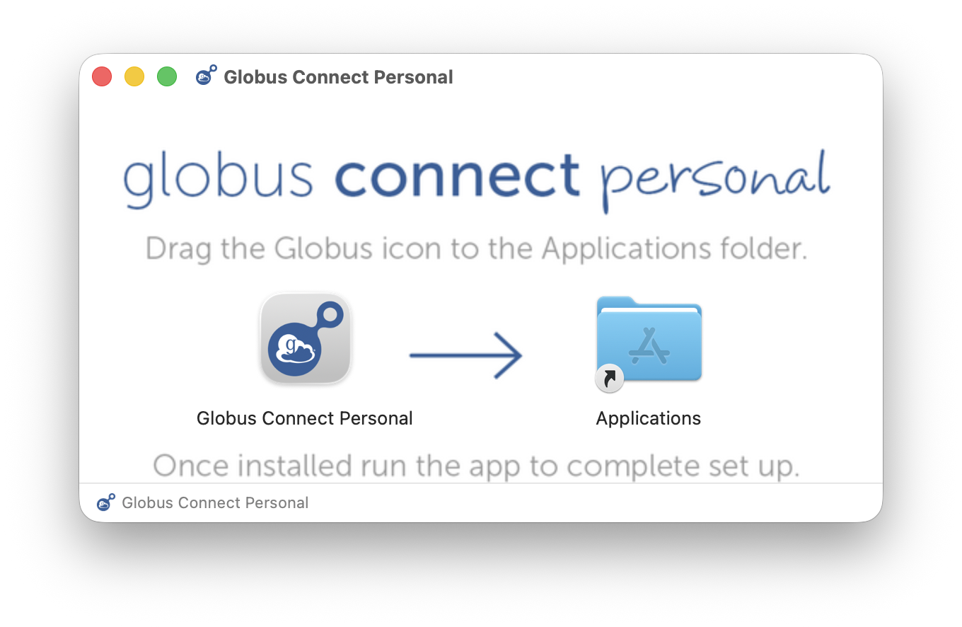 Globus Connect Personal installer, dragging the icon to the Applications folder
