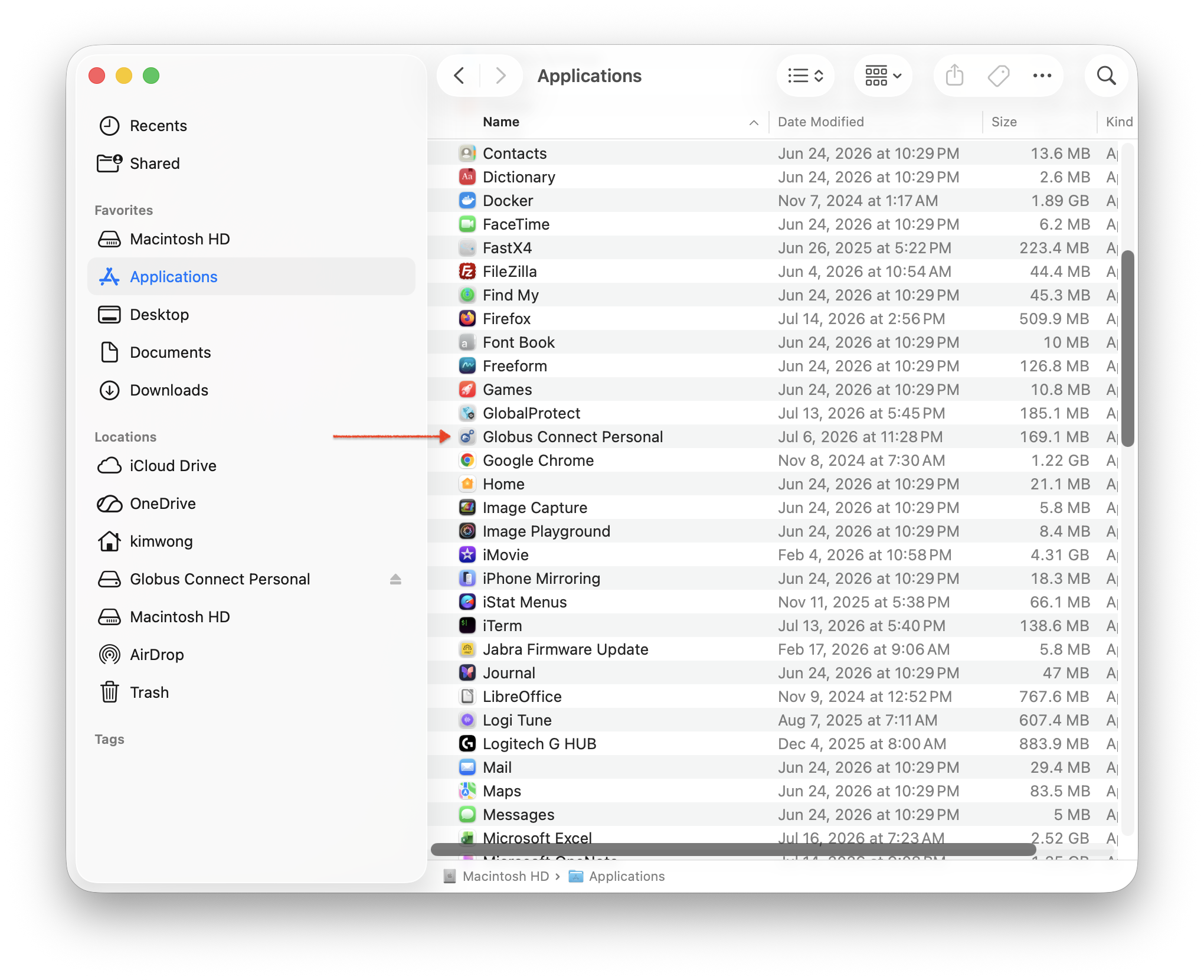Globus Connect Personal shown in the macOS Applications folder