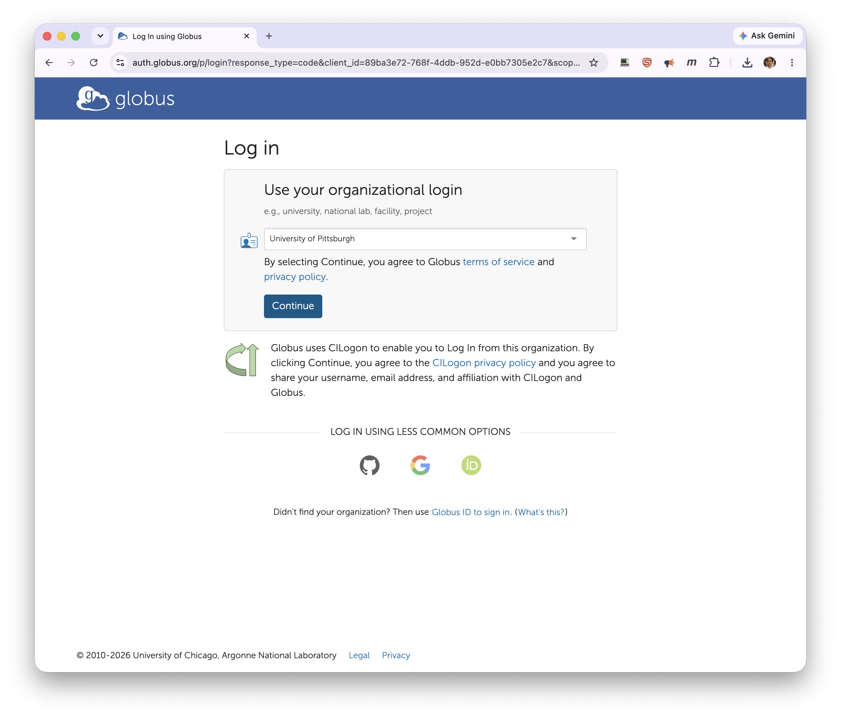 Globus organizational login with University of Pittsburgh selected