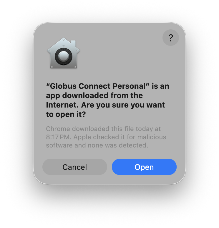 macOS confirming you want to open Globus Connect Personal