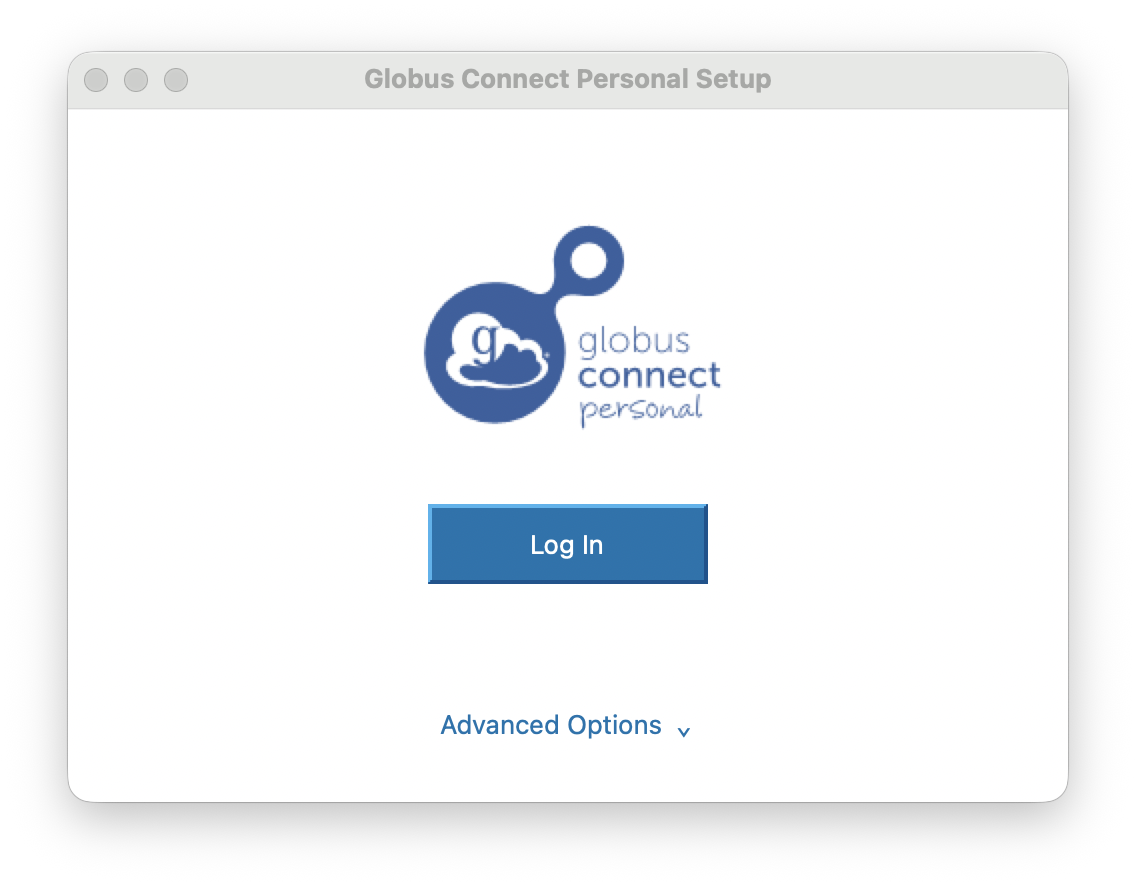 Globus Connect Personal setup with a Log In button