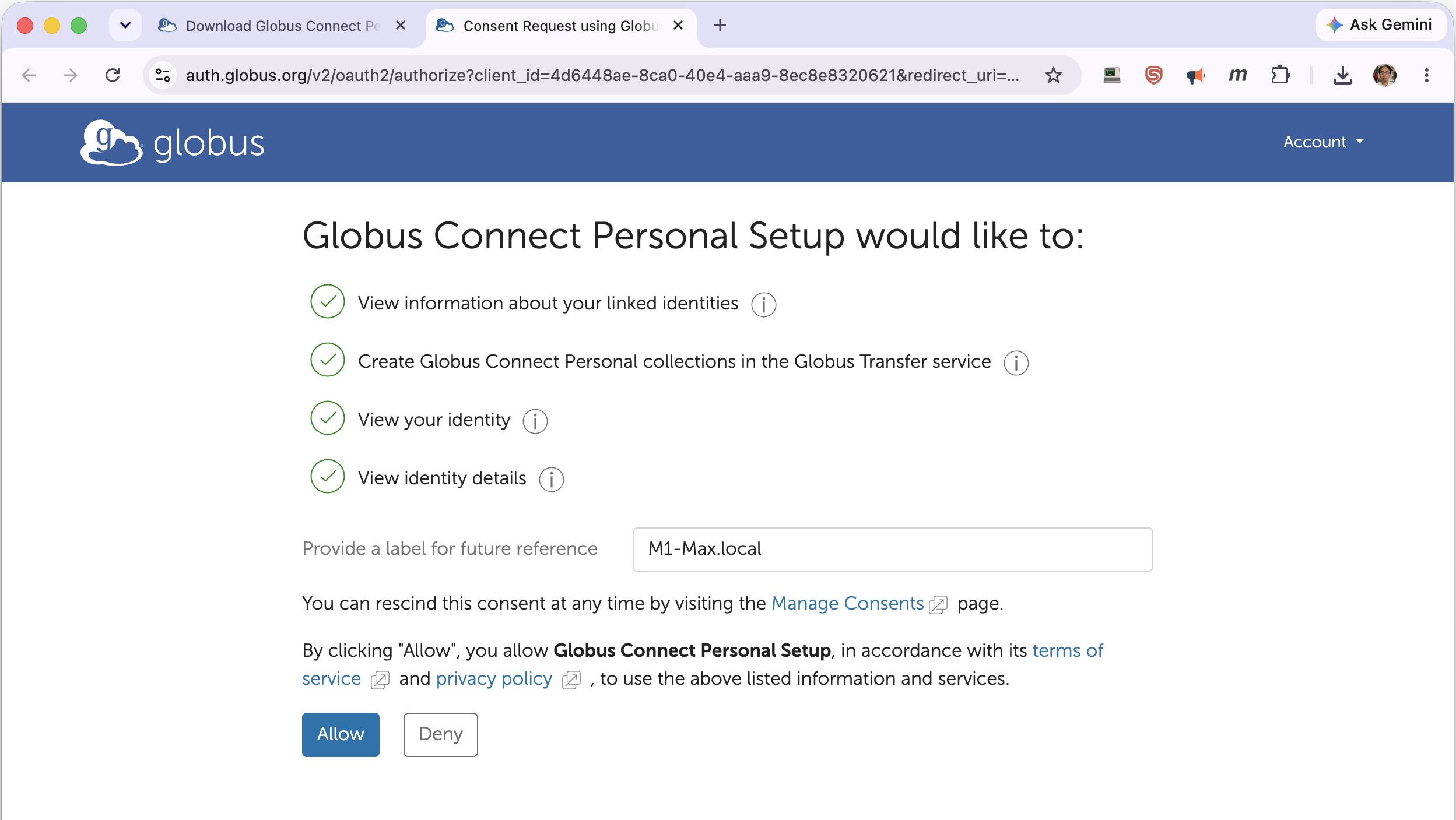 Globus consent for Globus Connect Personal Setup, with a device-label field