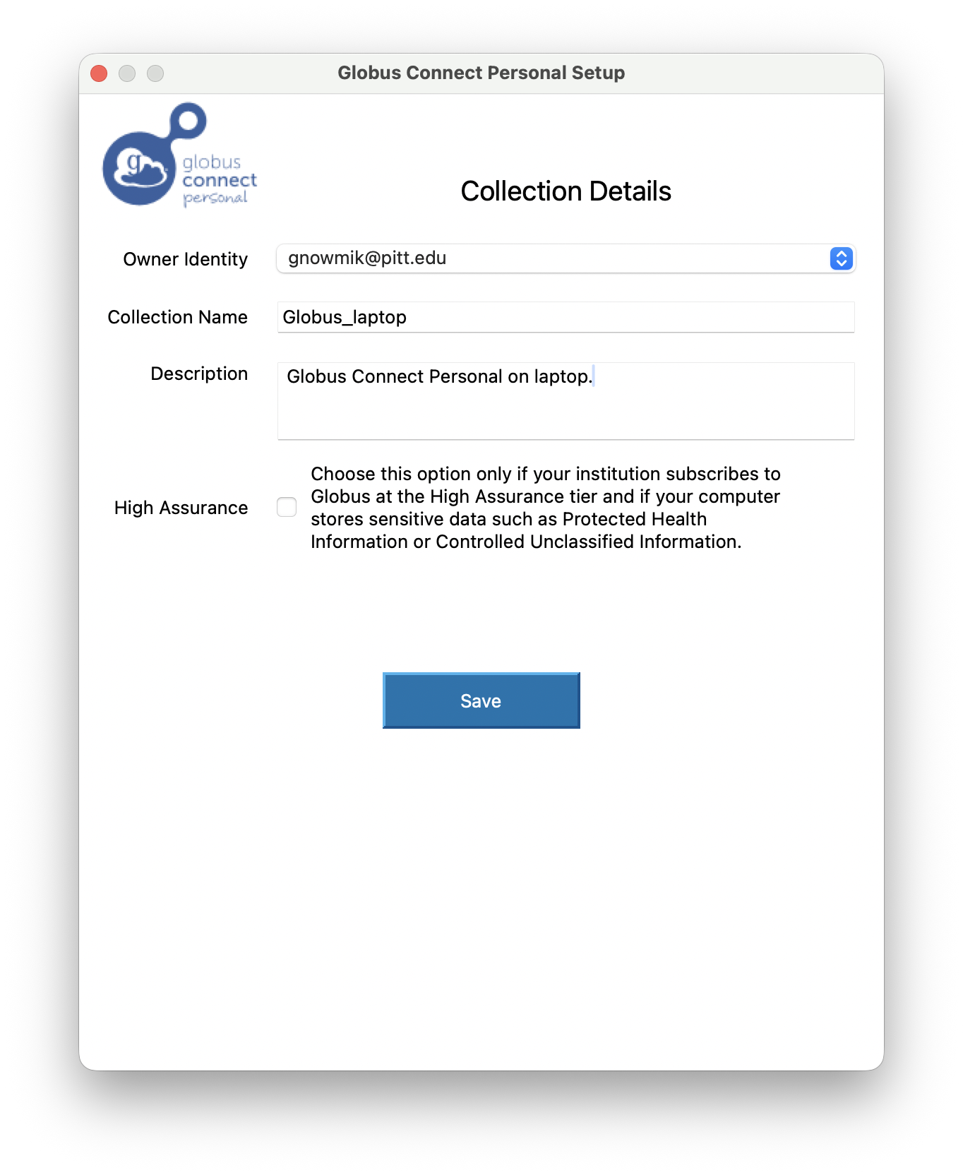 Globus Connect Personal Collection Details form with name and description