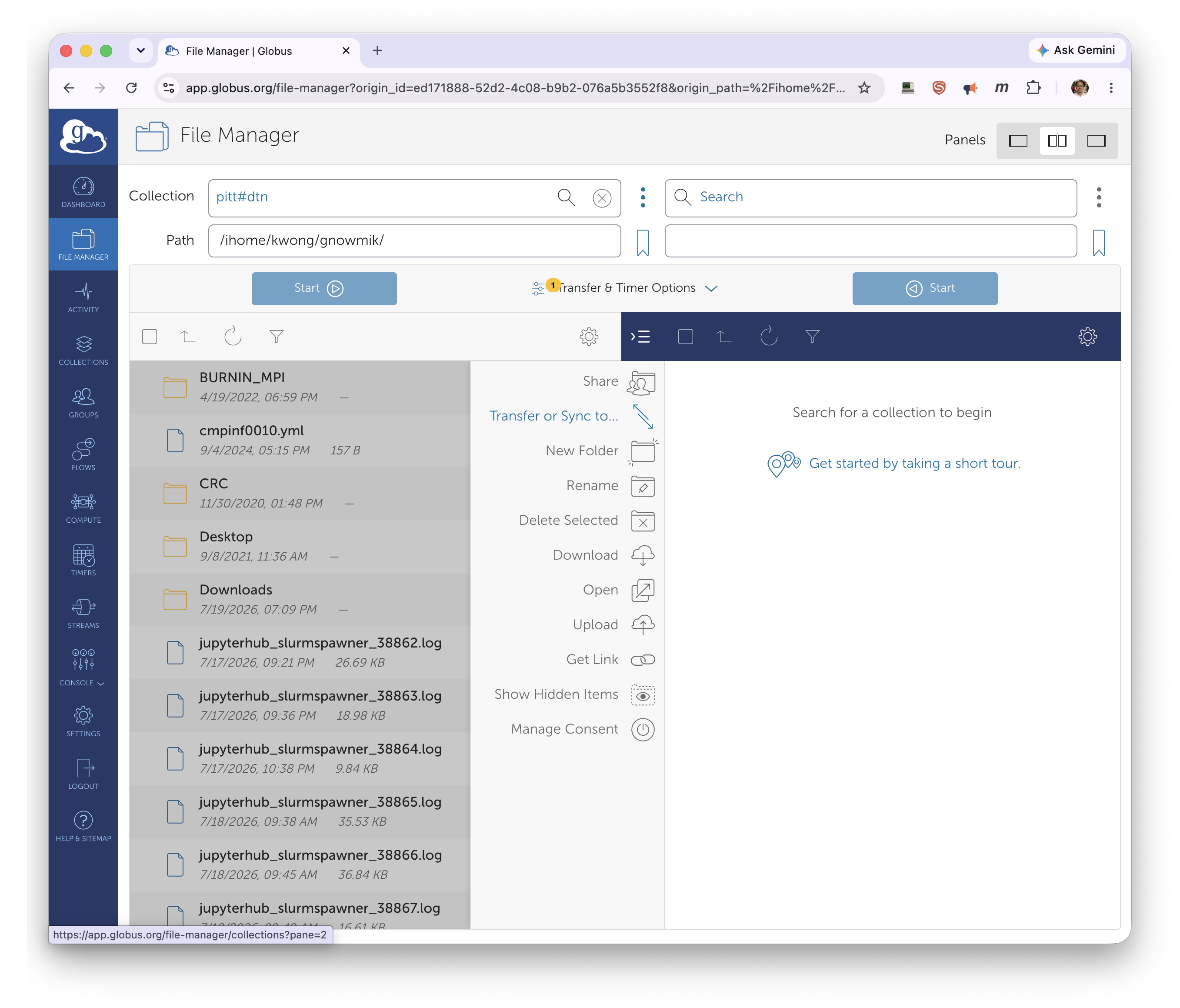 File Manager with pitt#dtn on the left and an empty panel prompting to search for a collection
