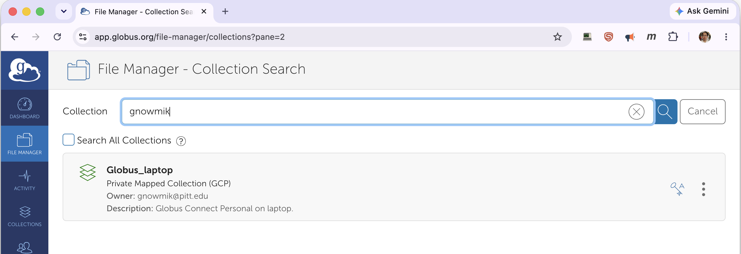 Collection search finding the personal Globus_laptop collection