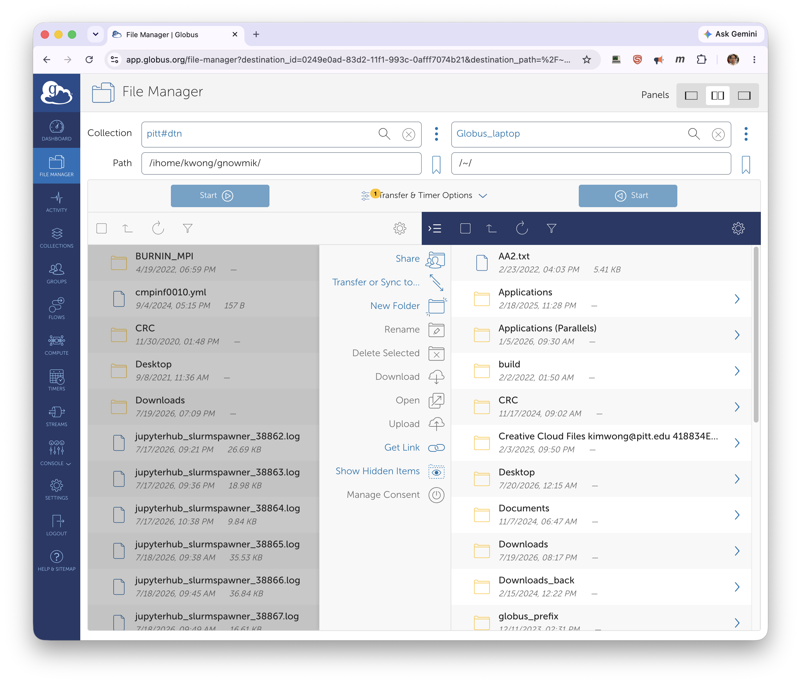 File Manager showing pitt#dtn and the personal laptop collection side by side