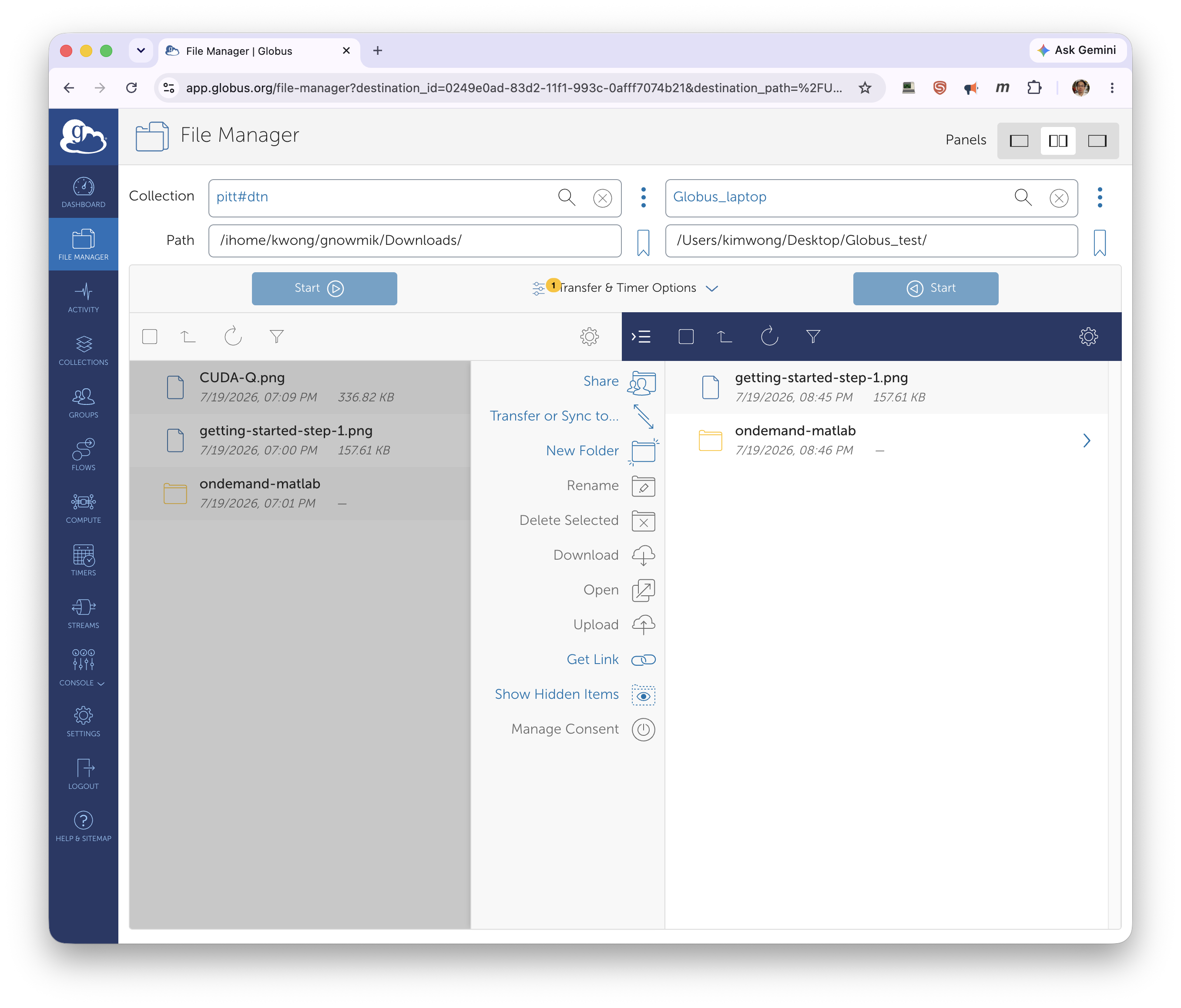 File Manager with source and destination folders chosen for a transfer