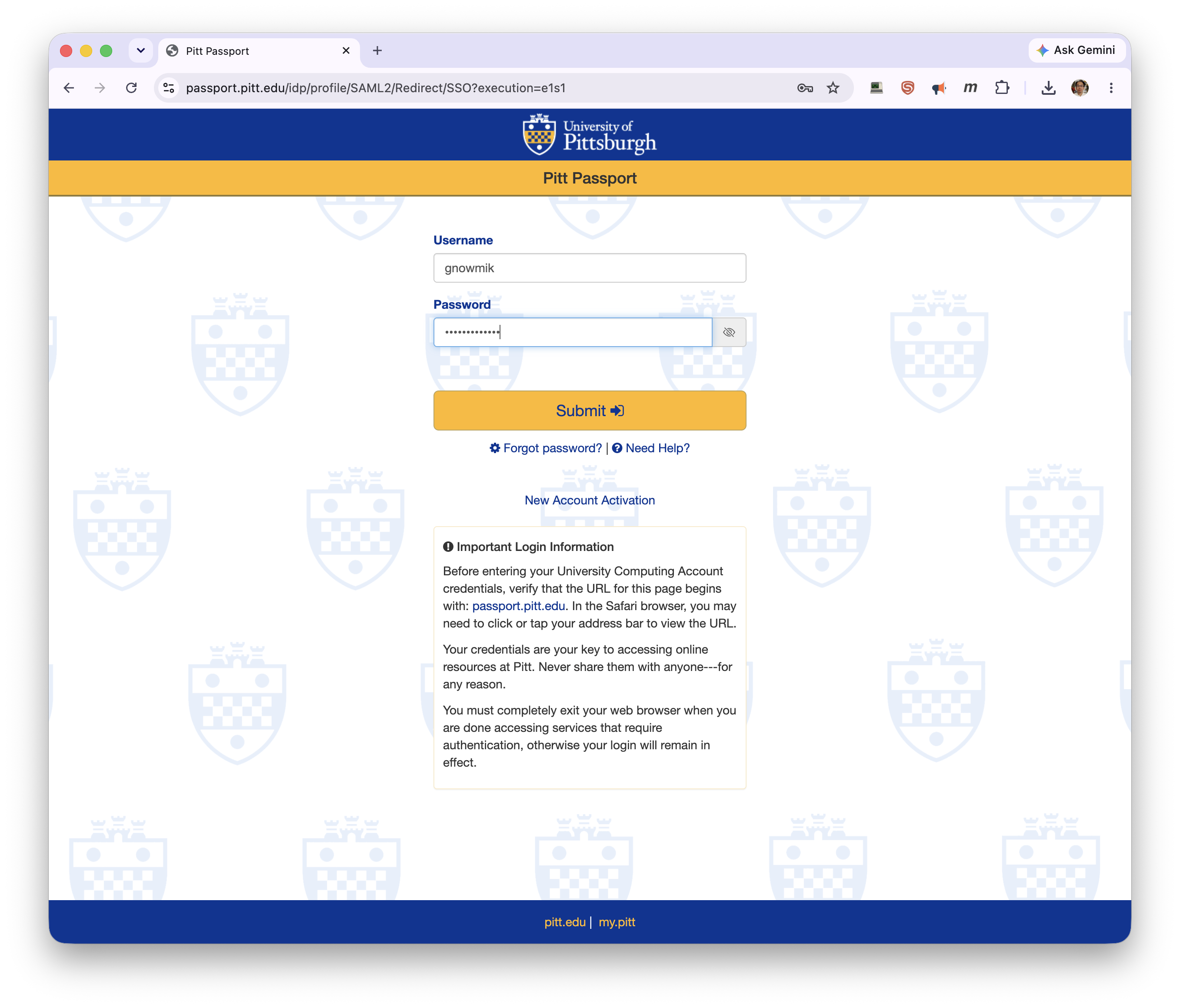 Pitt Passport login page with username and password fields
