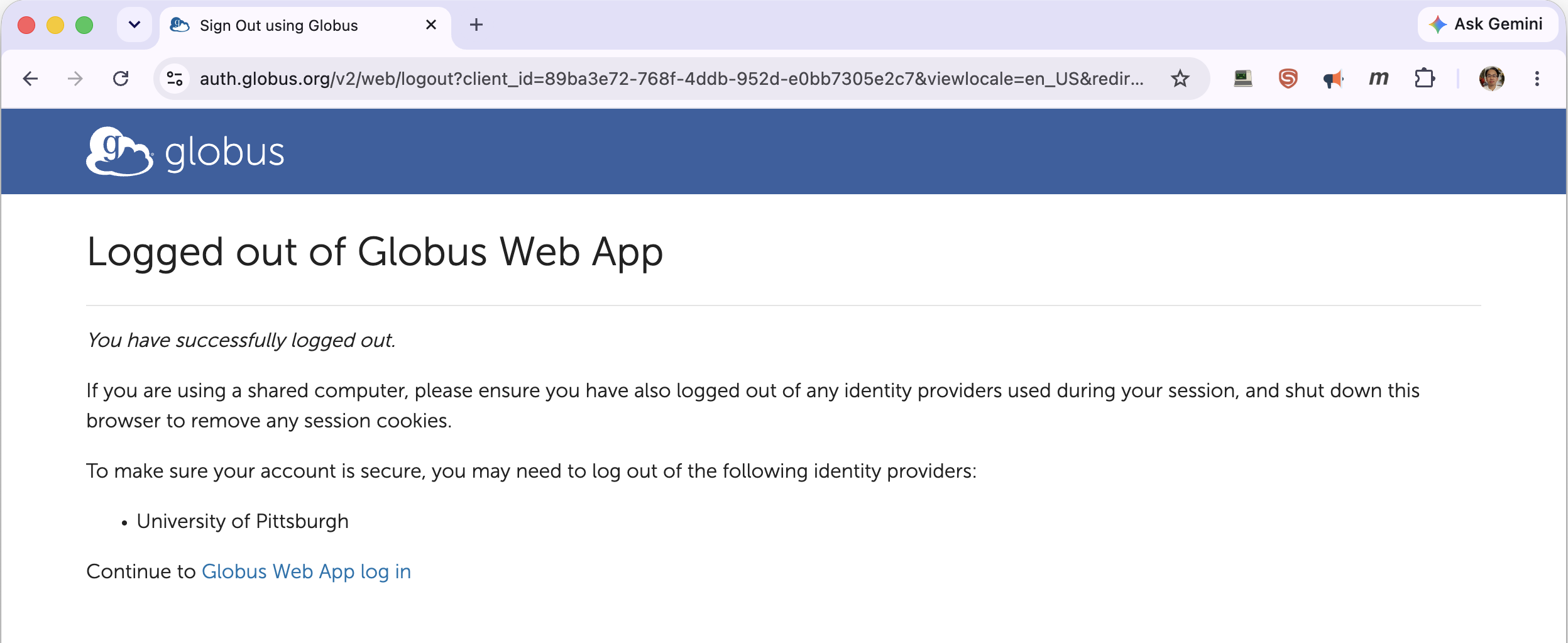 Globus 'Logged out of Globus Web App' confirmation page