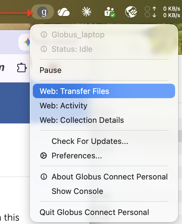 The Globus Connect Personal menu-bar menu, with Web: Transfer Files selected