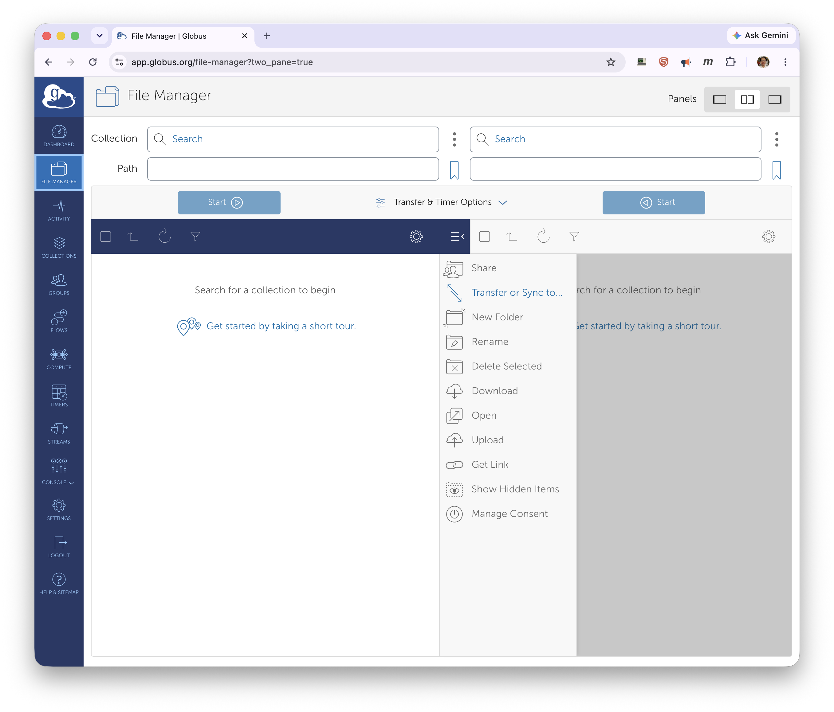 The Globus File Manager two-pane view after logging back in