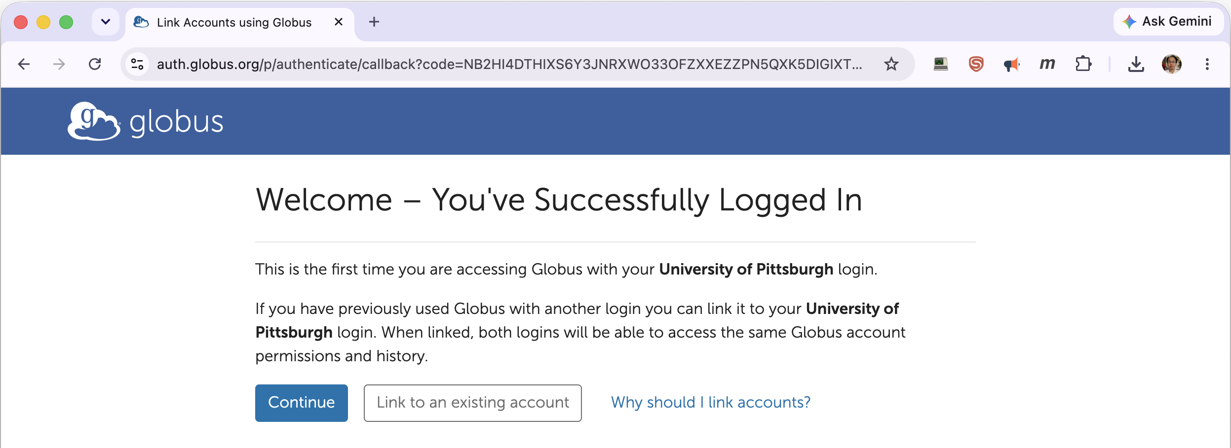 Globus first-time welcome page offering to continue or link an existing account