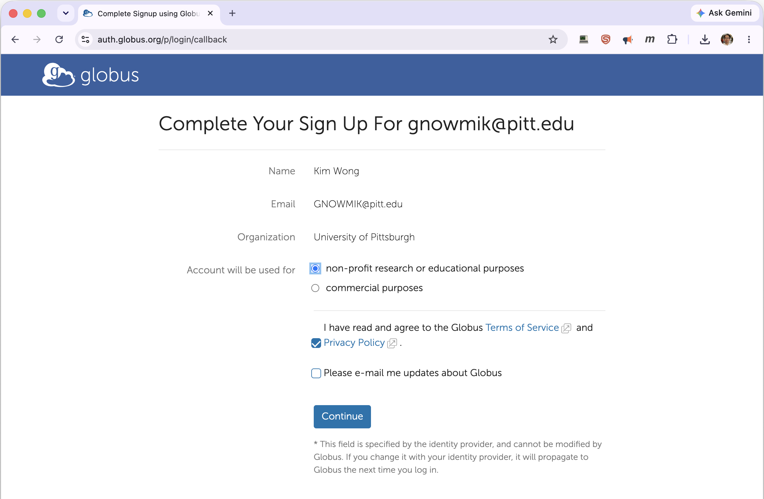 Globus 'Complete Your Sign Up' page for a Pitt identity