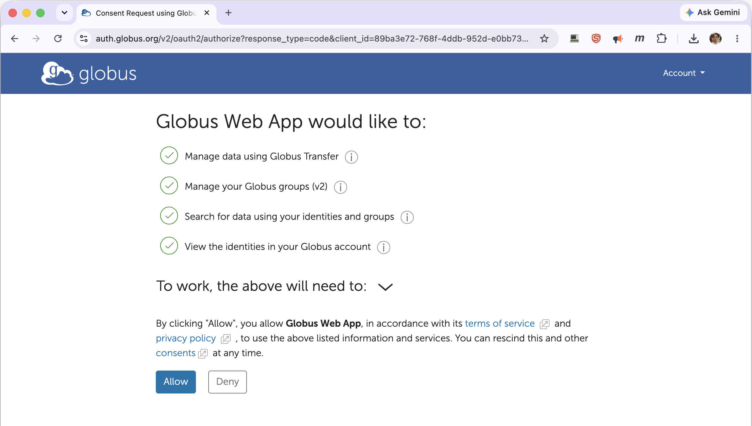 Globus consent screen granting the web app permission to manage transfers, groups, and identities