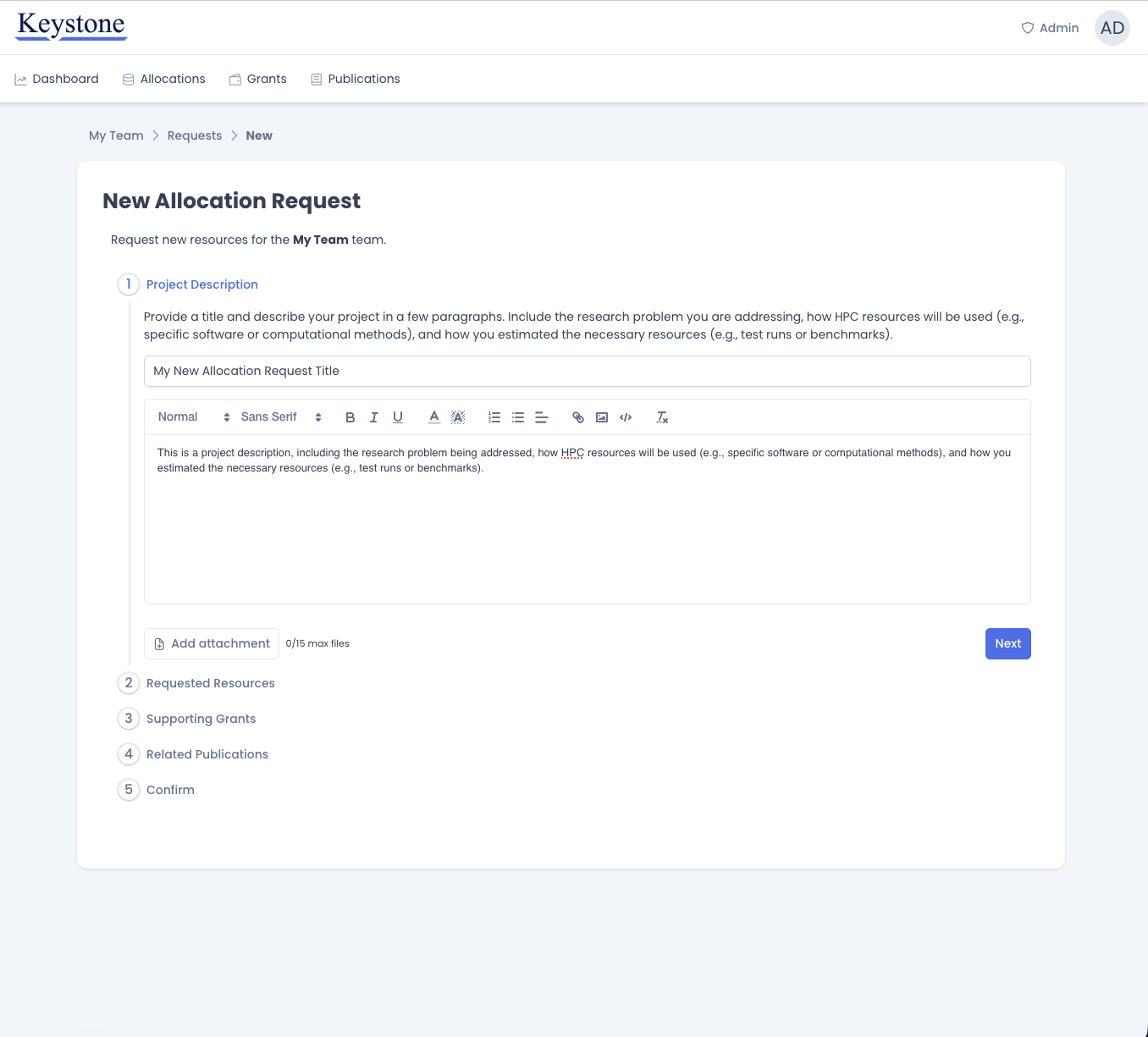 Step one with a title and description filled in