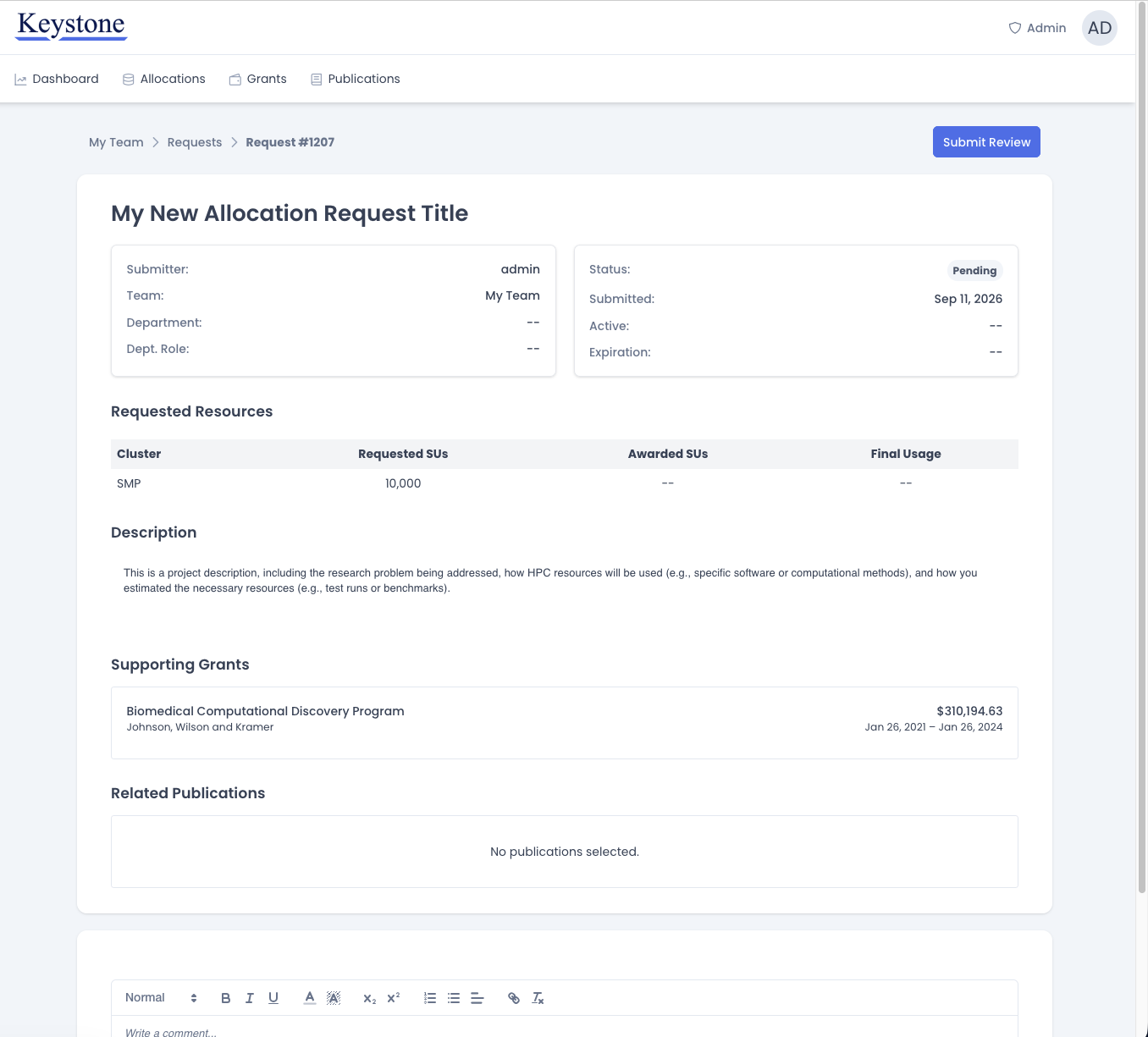 The request details page